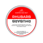 Scented wax melt container labeled 'Rhubarb' on a red background