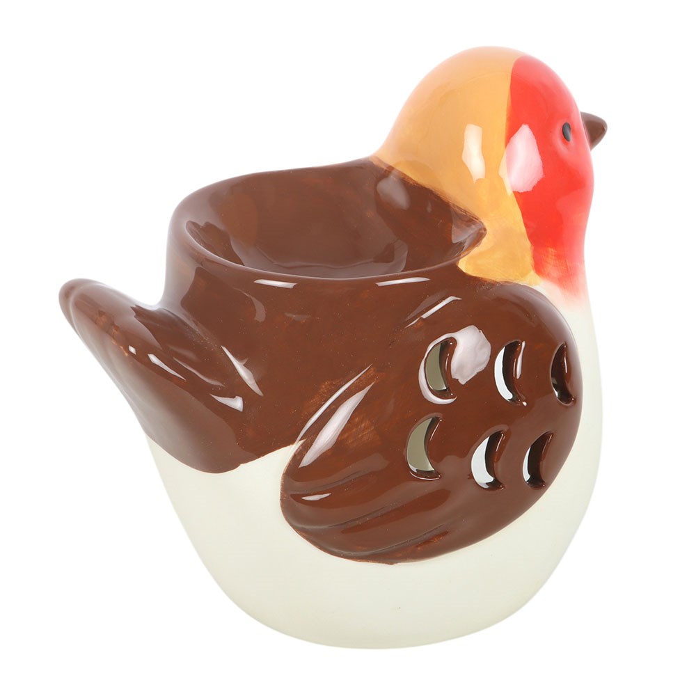 Robin Shaped Ceramic Wax Melt and Oil Burner showing its glossy brown wings with decorative cut-out details, red breast and built-in wax dish.