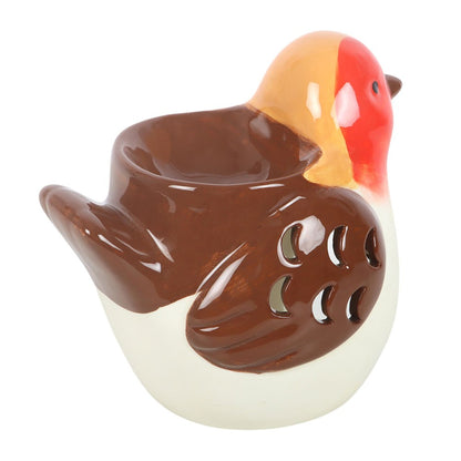 Robin Shaped Ceramic Wax Melt and Oil Burner showing its glossy brown wings with decorative cut-out details, red breast and built-in wax dish.