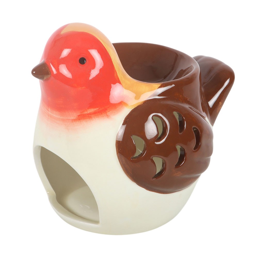 Ceramic Robin Wax Melt and Oil Burner with red breast, cream body and brown wings, showing the rear tealight opening and built-in fragrance dish.
