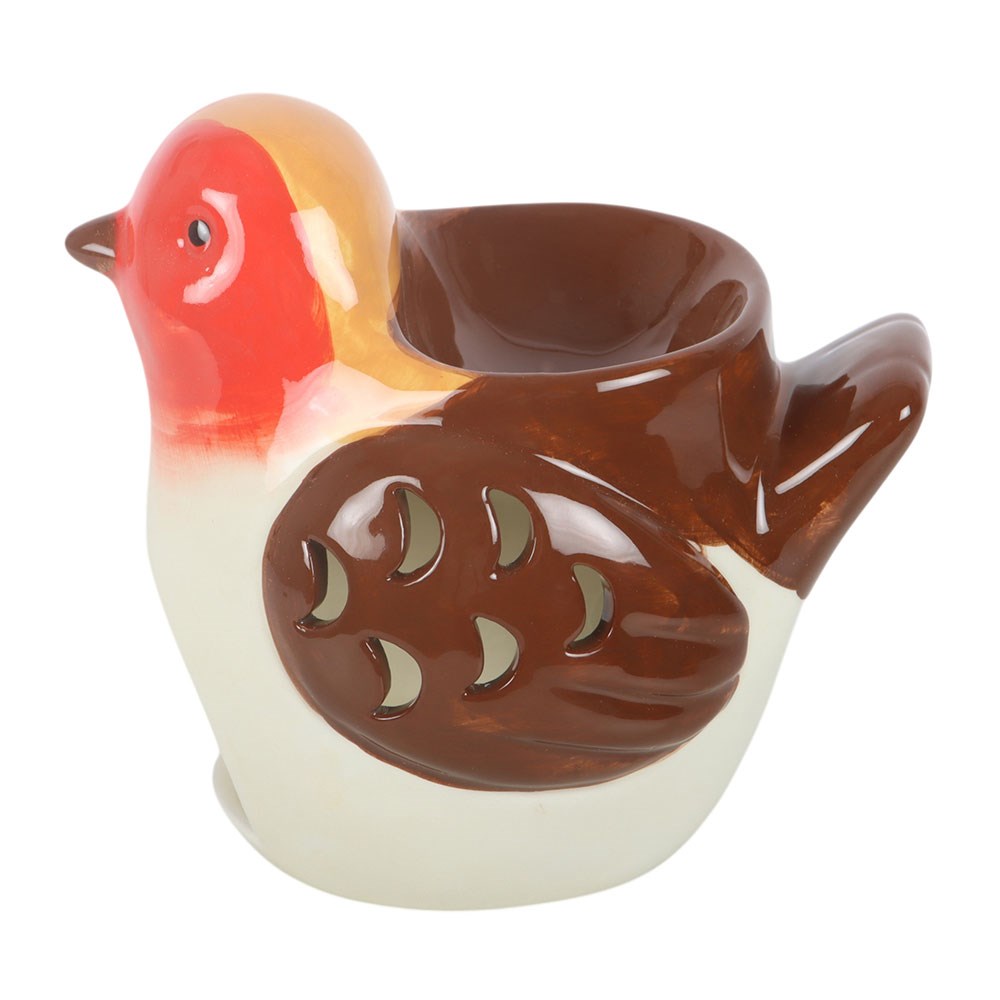 Side view of the Robin Shaped Wax Melt and Oil Burner featuring a bright red breast, brown feathered wings and integrated dish for wax melts or fragrance oils.