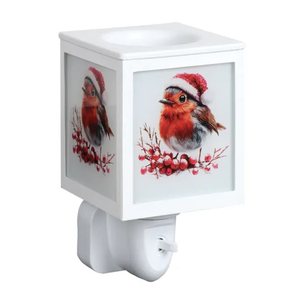 White plug-in wax warmer featuring festive robin illustrations with red berries and a Santa hat design.