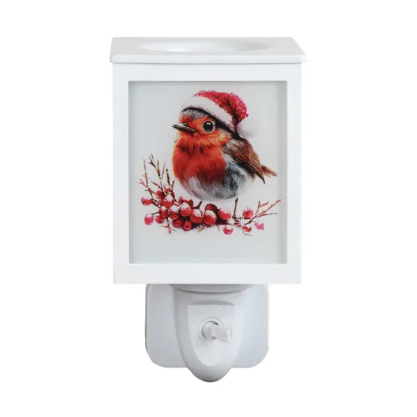 White plug-in wax warmer featuring festive robin illustrations with red berries and a Santa hat design.