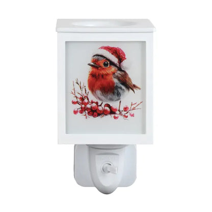 White plug-in wax warmer featuring festive robin illustrations with red berries and a Santa hat design.