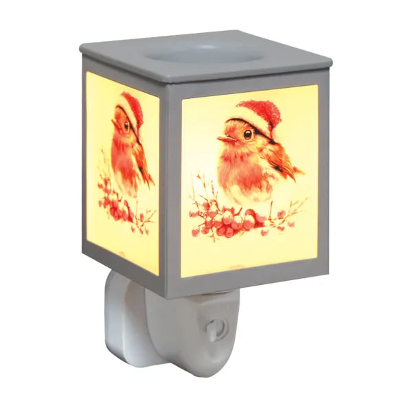 White plug-in wax warmer featuring festive robin illustrations with red berries and a Santa hat design.