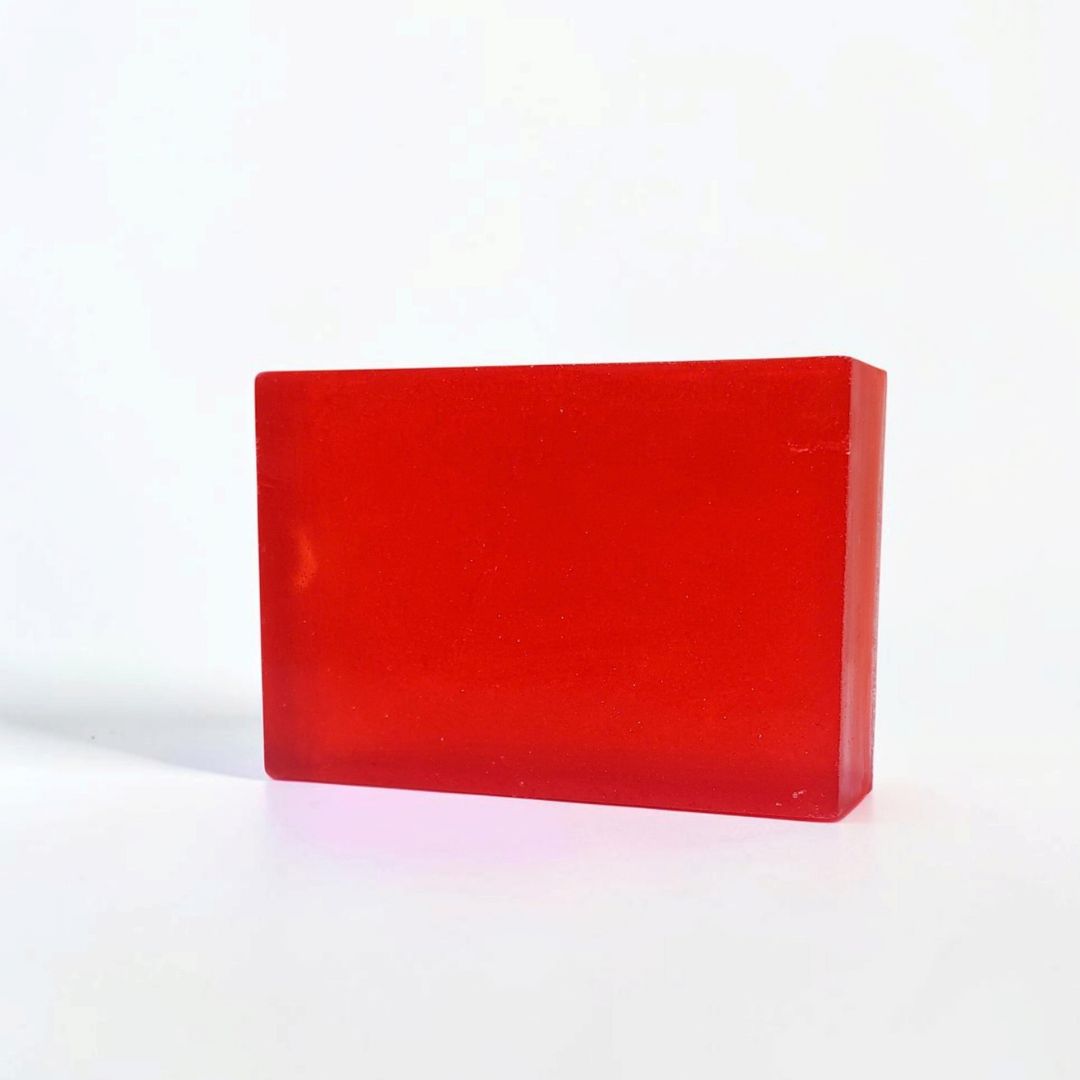 Red rectangular Roses & Jam soap bar on a clean white background.