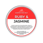 Scented wax melt container labeled 'Ruby & Jasmine' on a green background