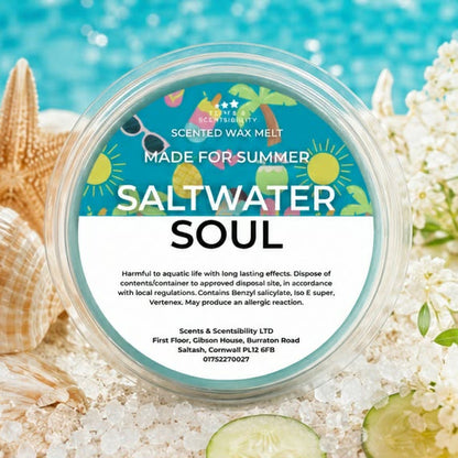 A round clear plastic tub of Scents & Scentsibility Saltwater Soul scented wax melt, featuring a colorful tropical label with a white bottom section. The tub is styled on a beach background with seashells, starfish, and cucumber.