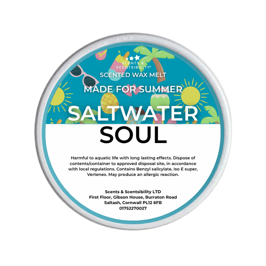A round tub of Scents & Scentsibility 'Saltwater Soul' scented wax melt, featuring a colorful tropical beach illustration on a white and blue label, set against a solid dark green background.