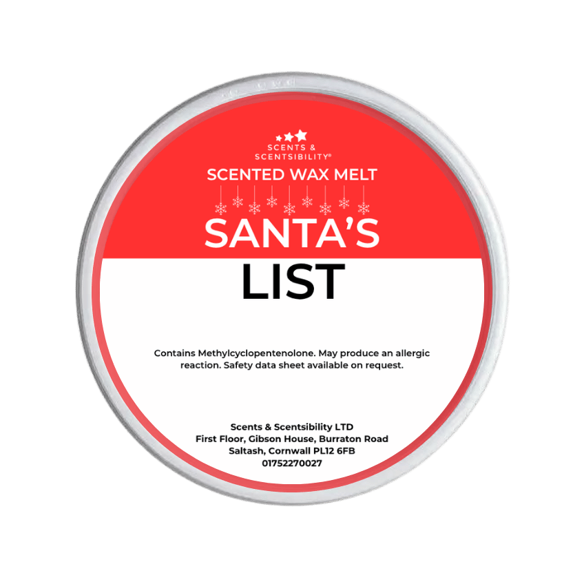 Scented wax melt container labeled 'Santa's List' with Scents & Sensibility branding on a green background.