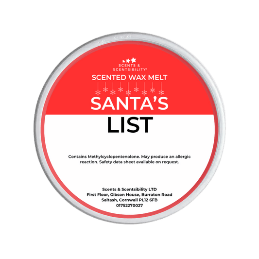 Scented wax melt container labeled 'Santa's List' with Scents & Sensibility branding on a green background.