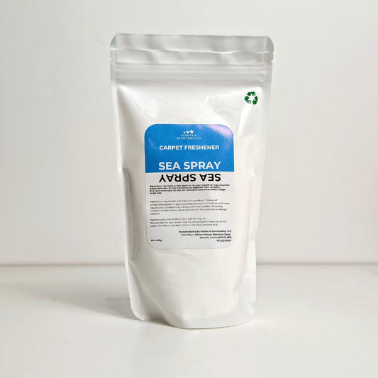 Carpet freshener packaging labeled 'Sea Spray' on a white background