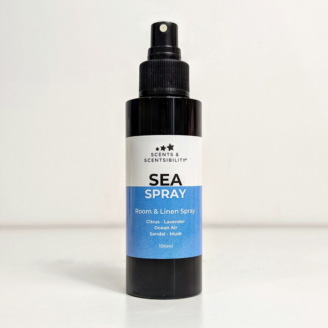 Sea spray bottle with label on a white background