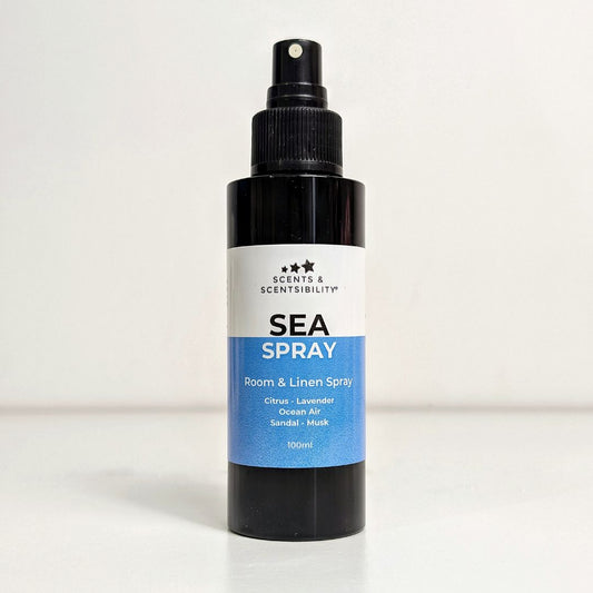 Sea spray bottle with label on a white background