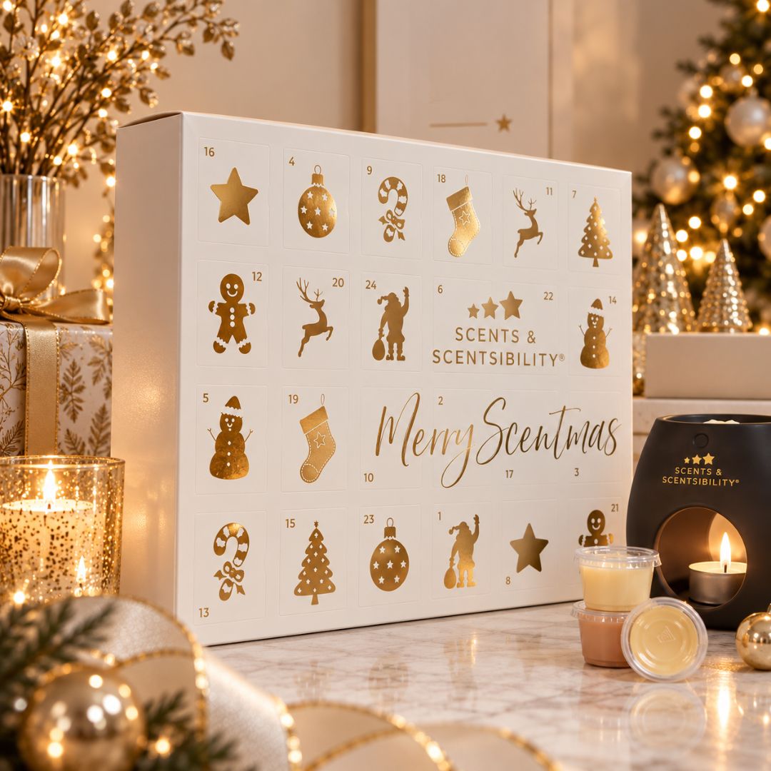A white Scents & Scentsibility Christmas advent box with gold holiday icons and the text 'Merry Scentmas' sits on a marble surface surrounded by warm holiday decor, including lit candles, ornaments, and a blurred Christmas tree in the background.