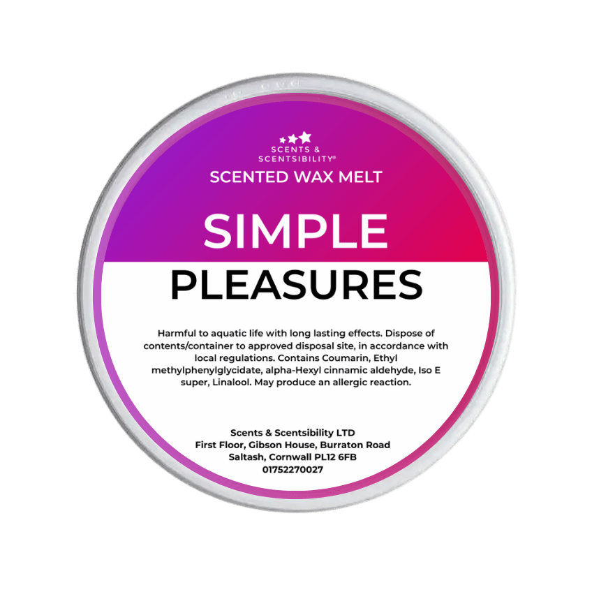 Scented wax melt container with purple label on a green background