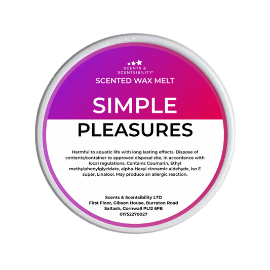 Scented wax melt container with purple label on a green background