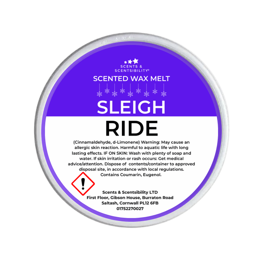 Scented wax melt container labeled 'Sleigh Ride' with purple label on a green background