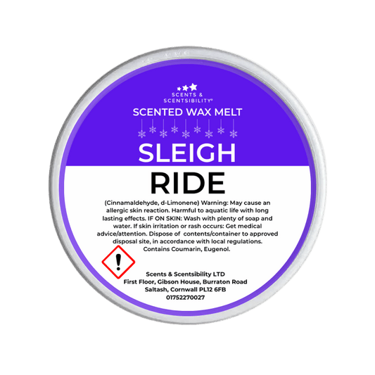 Scented wax melt container labeled 'Sleigh Ride' with purple label on a green background