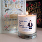 Candle labeled 'Smells like Mr Darcy' in front of books titled 'Pride and Prejudice' and 'Sense and Sensibility'.