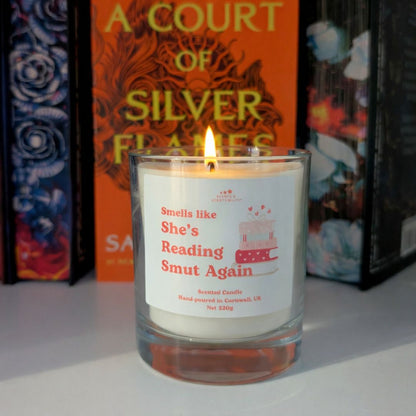 Candle with a humorous label in front of books