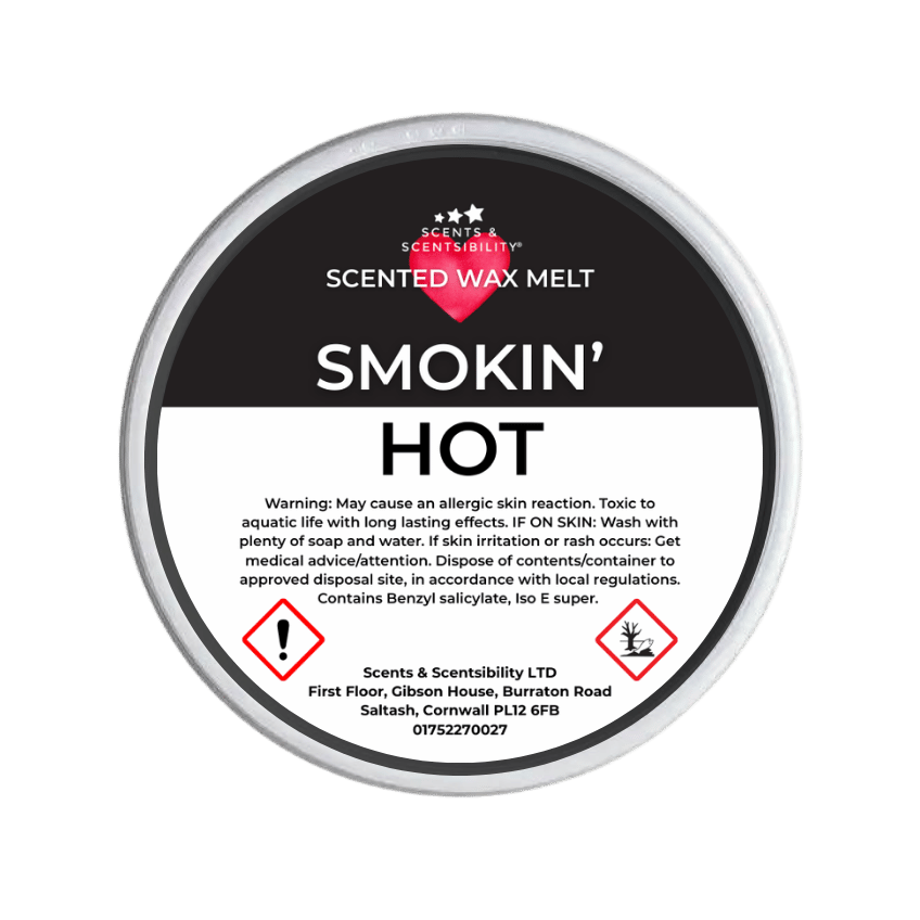 Scented wax melt container labeled 'Smokin' Hot' with branding and warning text on a green background.