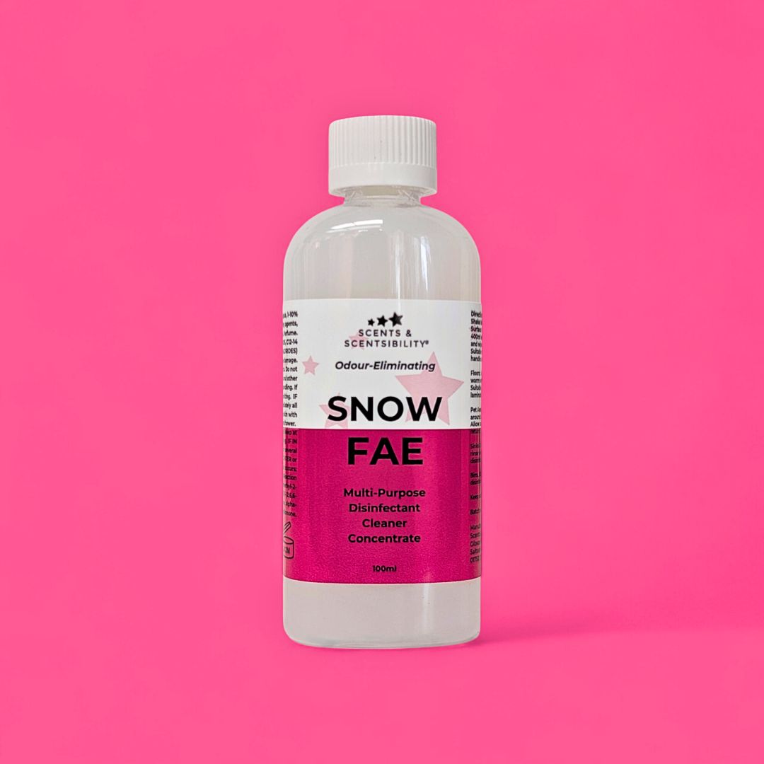 Bottle of 'Snow Fae' cleaner concentrate on a pink background