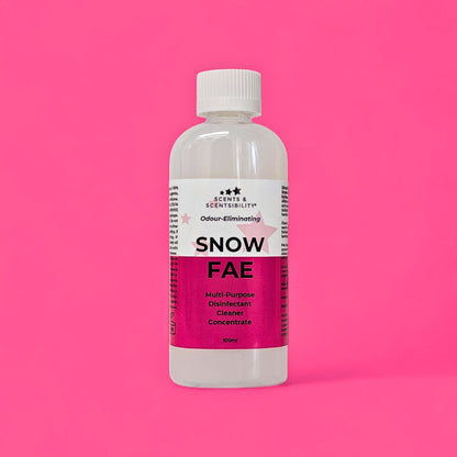 Bottle of 'Snow Fae' cleaner concentrate on a pink background