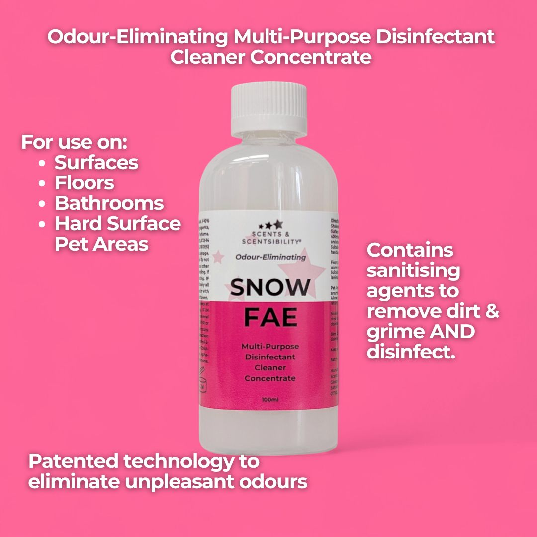 Bottle of Snow Fae multi-purpose disinfectant cleaner concentrate on a pink background with text about its uses and features.