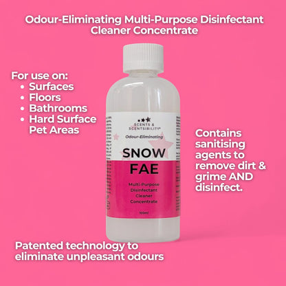 Bottle of Snow Fae multi-purpose disinfectant cleaner concentrate on a pink background with text about its uses and features.