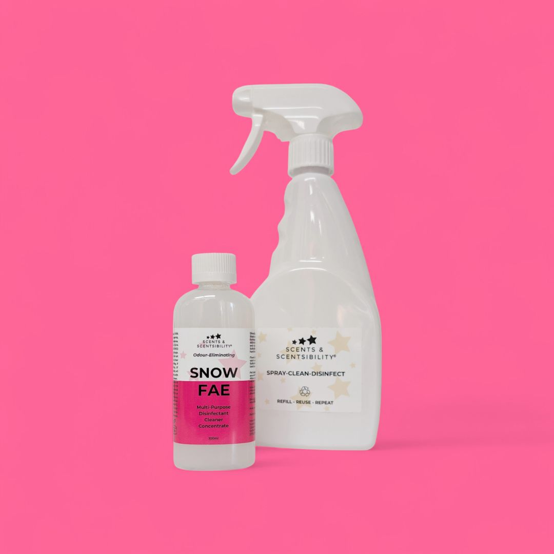 Two cleaning product bottles on a pink background
