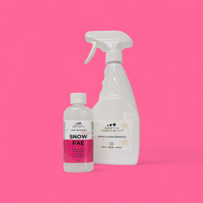Two cleaning product bottles on a pink background