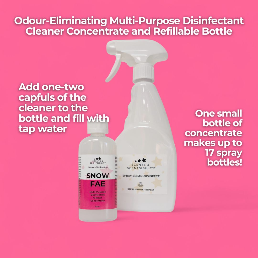 Odour-Eliminating Multi-Purpose Disinfectant Cleaner Concentrate and Refillable Bottle on a pink background