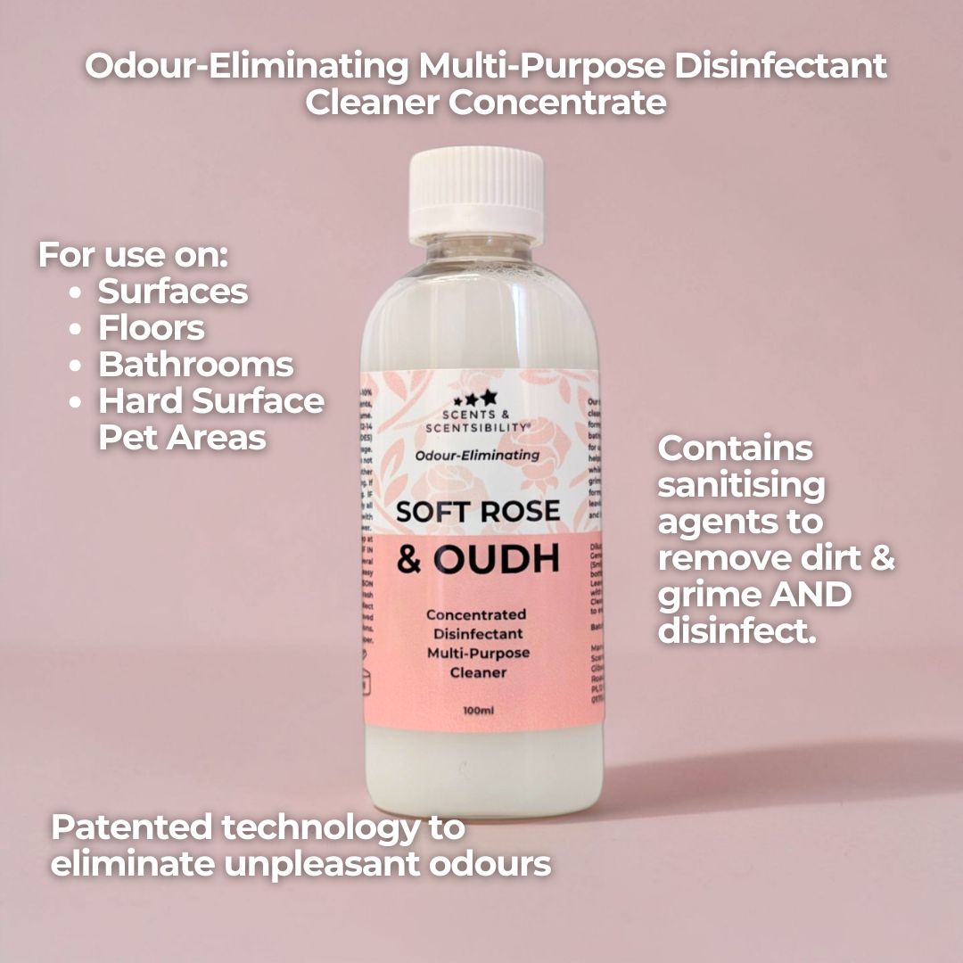 Bottle of 'Soft Rose & Oudh' multi-purpose disinfectant cleaner on a pink background with text about its uses and features.