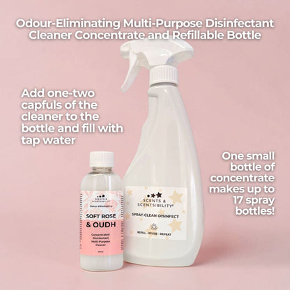 Odour-Eliminating Multi-Purpose Disinfectant Cleaner Concentrate and Refillable Bottle on a pink background