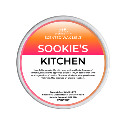 Scented wax melt container with 'Sookie's Kitchen' branding on a green background