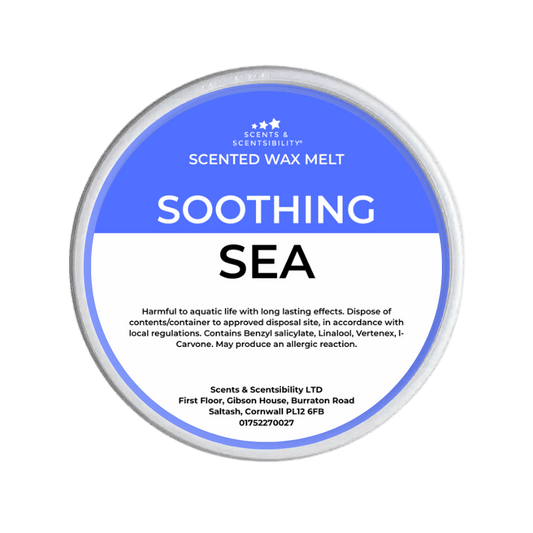 Scented wax melt container labeled 'Soothing Sea' on a green background