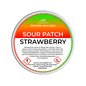 Scented wax melt container labeled 'Sour Patch Strawberry' with warning text on a green background