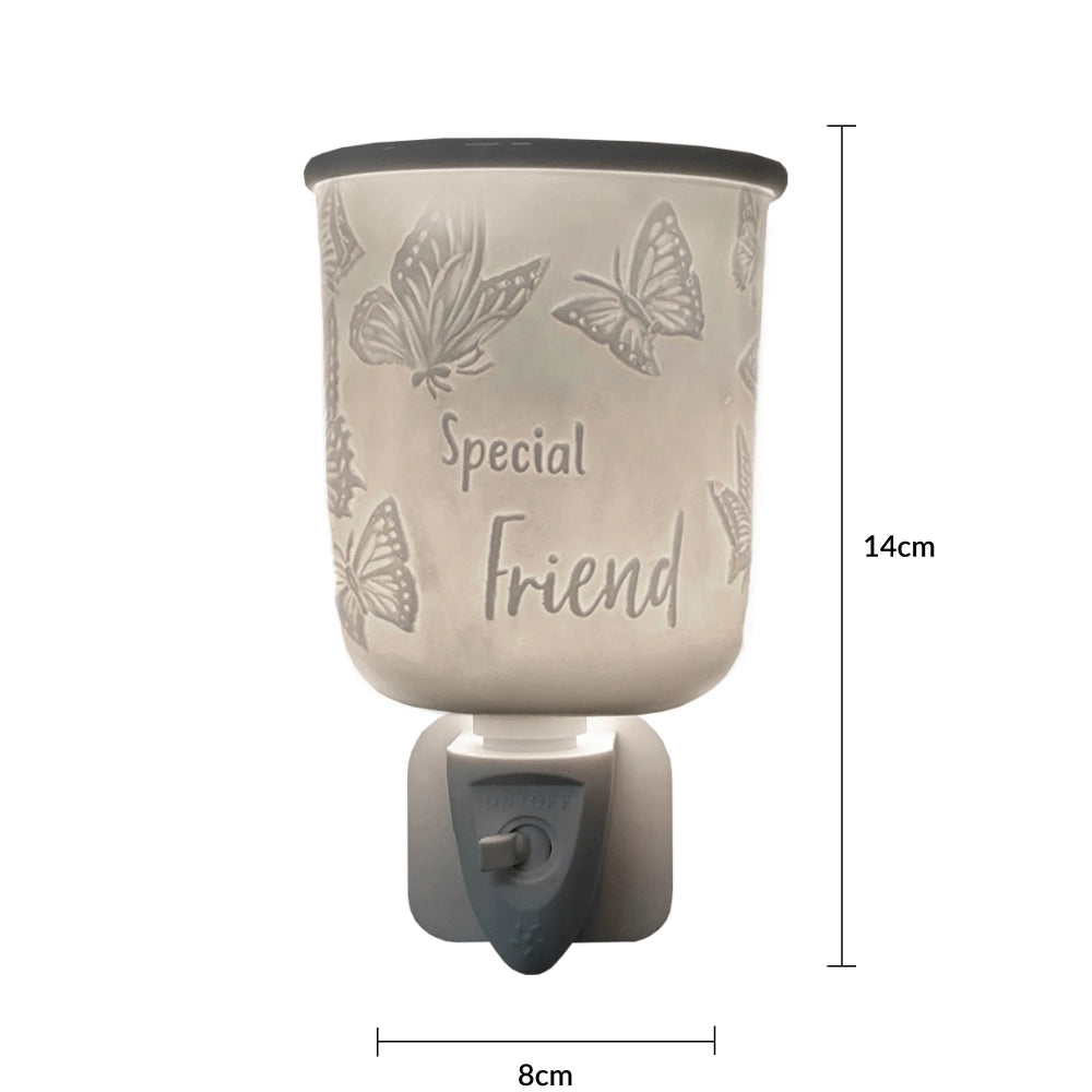 A ceramic plug in wax melt warmer with a butterfly pattern and the words 'Special Friend' on a white background, with dimension lines indicating 14cm height and 8cm width.