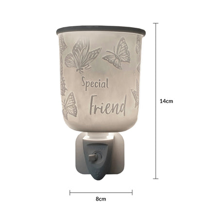 A ceramic plug in wax melt warmer with a butterfly pattern and the words 'Special Friend' on a white background, with dimension lines indicating 14cm height and 8cm width.