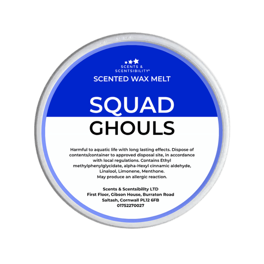 Scented wax melt container labeled 'Squad Ghouls' on a green background