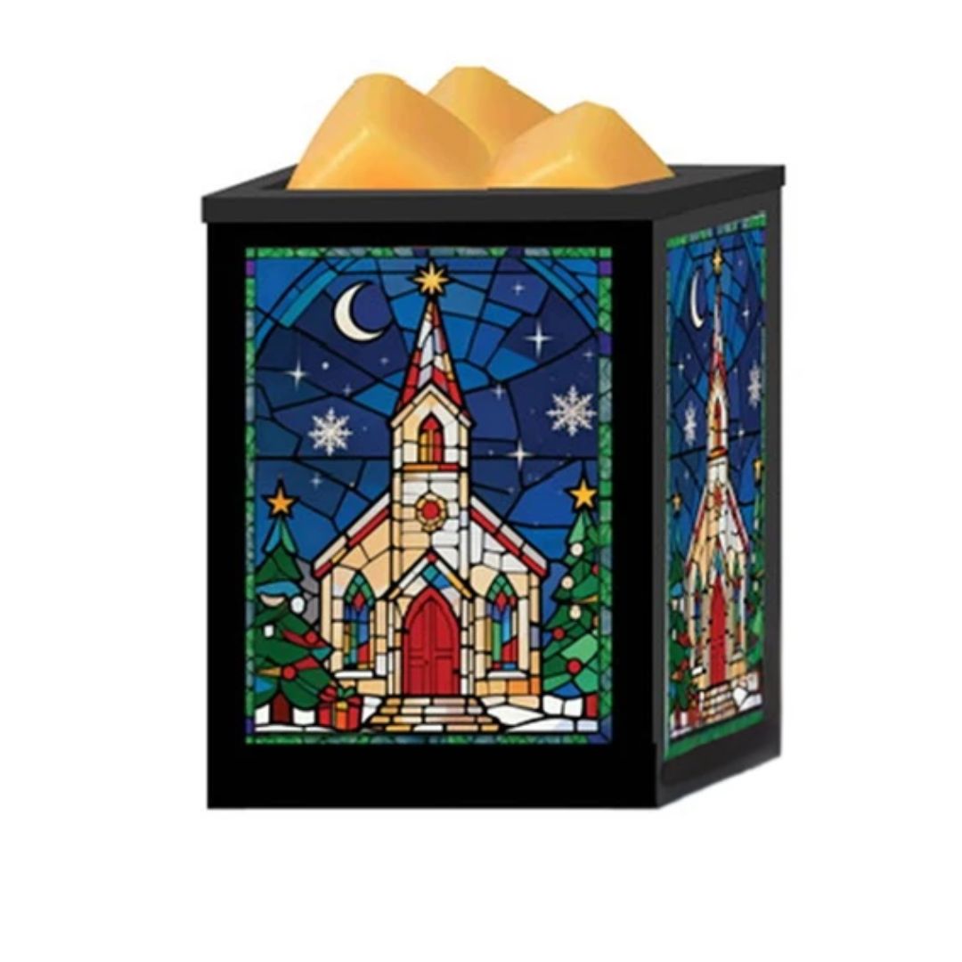 A black square wax melt warmer with a stained-glass style church illustration on the front and side panels, with three yellow wax melts visible at the top, shown on a plain white background.