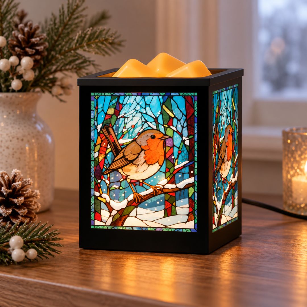 A black cube-shaped electric wax melt warmer with stained-glass-style winter robin panels, lit with a warm yellow glow, set on a wooden table in a cozy holiday setting.