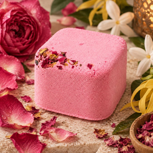 A pink rectangular shower steamer with dried rose petals on top, styled with roses, flower petals, and yellow flowers on a textured surface.