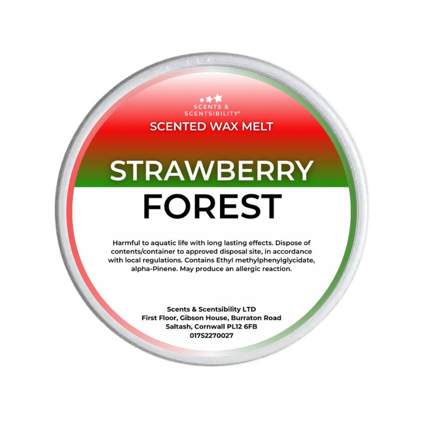 Scented wax melt container labeled 'Strawberry Forest' on a green background