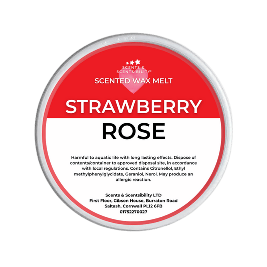 Scented wax melt container labeled 'Strawberry Rose' on a green background