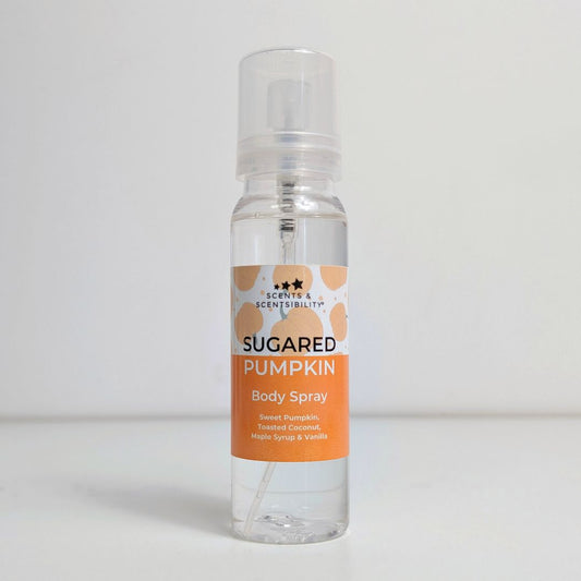 Body spray bottle labeled 'Sugared Pumpkin' on a white background