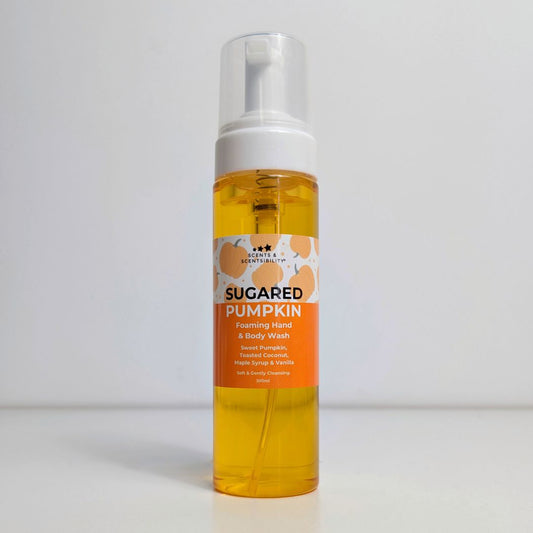 Bottle of Sugared Pumpkin foaming hand & body wash on a white background