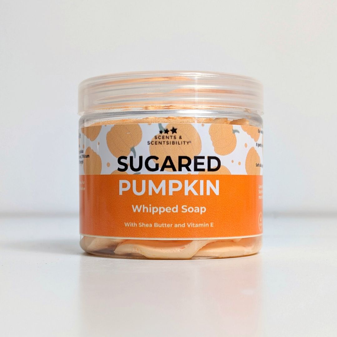 Jar of 'Sugared Pumpkin' whipped soap with a white background