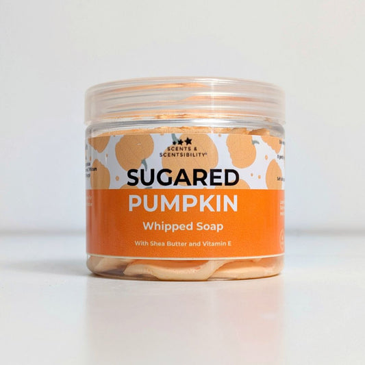 Jar of 'Sugared Pumpkin' whipped soap with a white background
